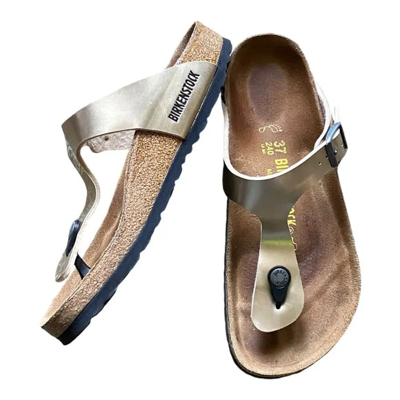 Birkenstock  Womens Gold Brown Size US 6  Leather Slip-On Open Toe Sandals - Picture 1 of 16